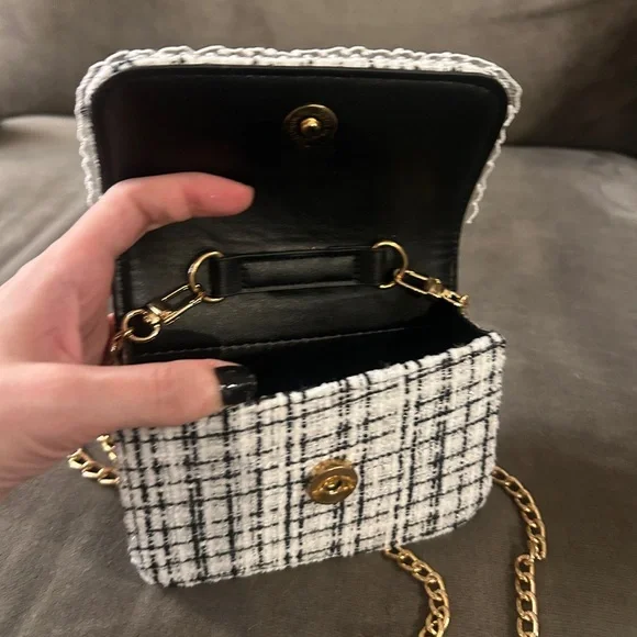 NEW Micro Mini Bag Navy Blue White Tweed Pearl Bow Pearl Top Handle Two-Way - Picture 11 of 12